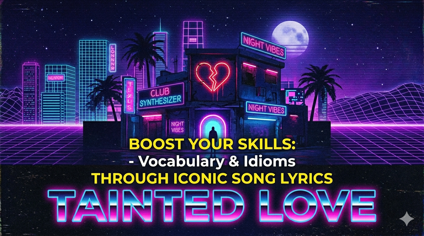 네온 불빛 아래 레트로 감성의 소프트 셀 'Tainted Love' 앨범 커버 또는 뮤직비디오 장면, 슬픔과 그리움이 느껴지는 모습.