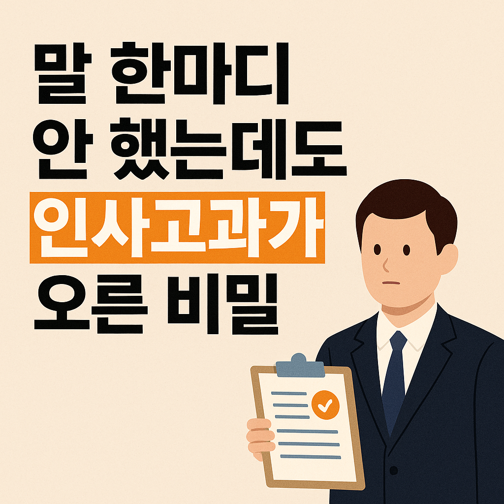 정장을 입은 직장인이 체크리스트를 들고 있는 일러스트와 함께 '말 한마디 안 했는데도 인사고과가 오른 비밀'이라는 문구가 강조된 썸네일