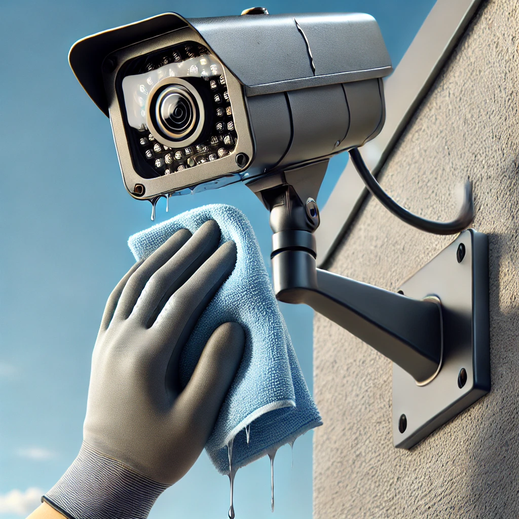 부드러운 마이크로파이버 천으로 야외 보안 카메라 렌즈를 청소하는 사람의 모습&amp;#44; 카메라는 벽에 설치되어 있으며 배경에는 맑은 파란 하늘이 보임&amp;#44; 최적의 영상 품질 유지를 강조
