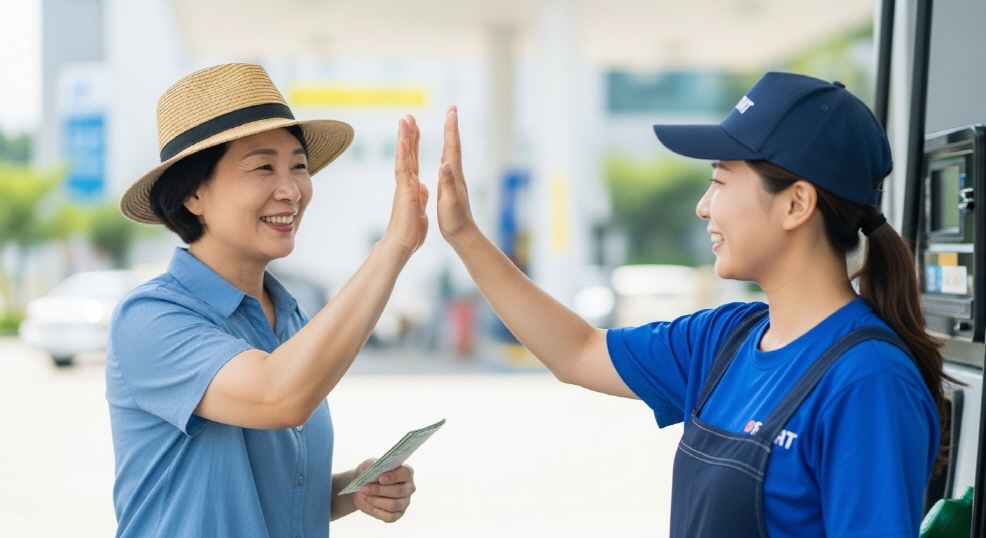 주유소 직원과 하이파이브하는 고객