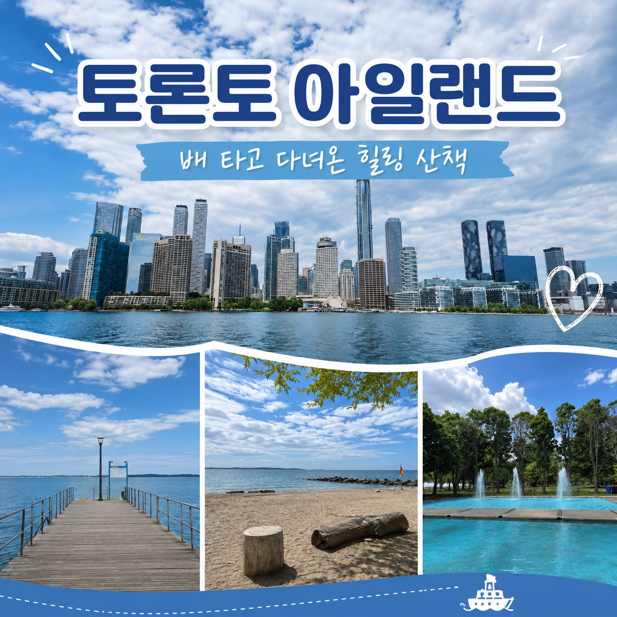 토론토 아일랜드로 가는 배에서 바라본 토론토 시내 스카이라인과 호수 풍경, 섬 산책길과 부두 전망을 담은 여행 후기 이미지