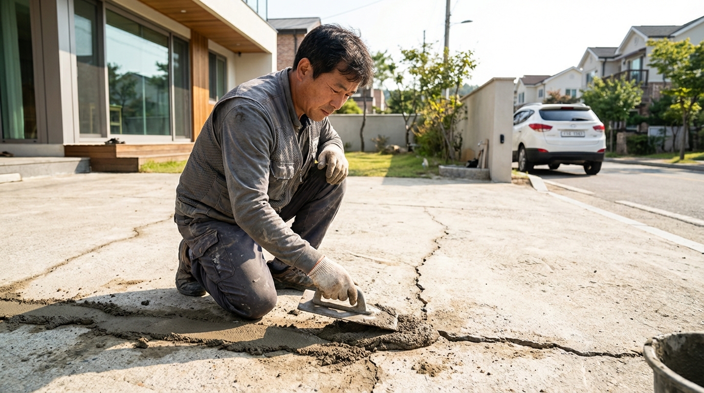 한 남성이 흙손을 사용하여 콘크리트 바닥 균열을 사모래로 보수하는 모습
