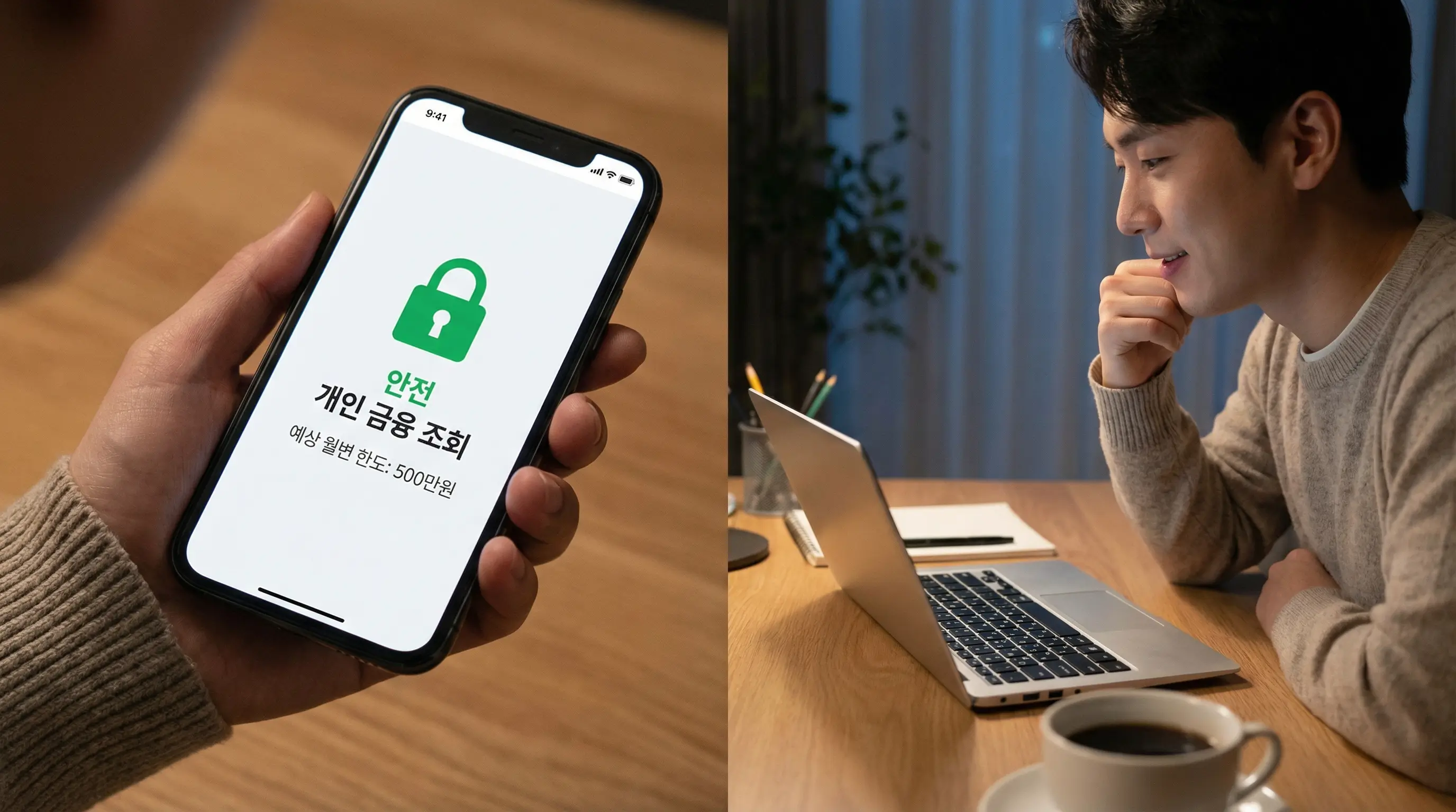 스마트폰으로 안전한 개인 대부 업체를 조회하고 월변 대출 한도를 확인하여 급한 자금을 마련하는 모습