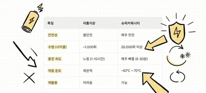슈퍼커패시터와 리튬이온 배터리의 구조적 차이
