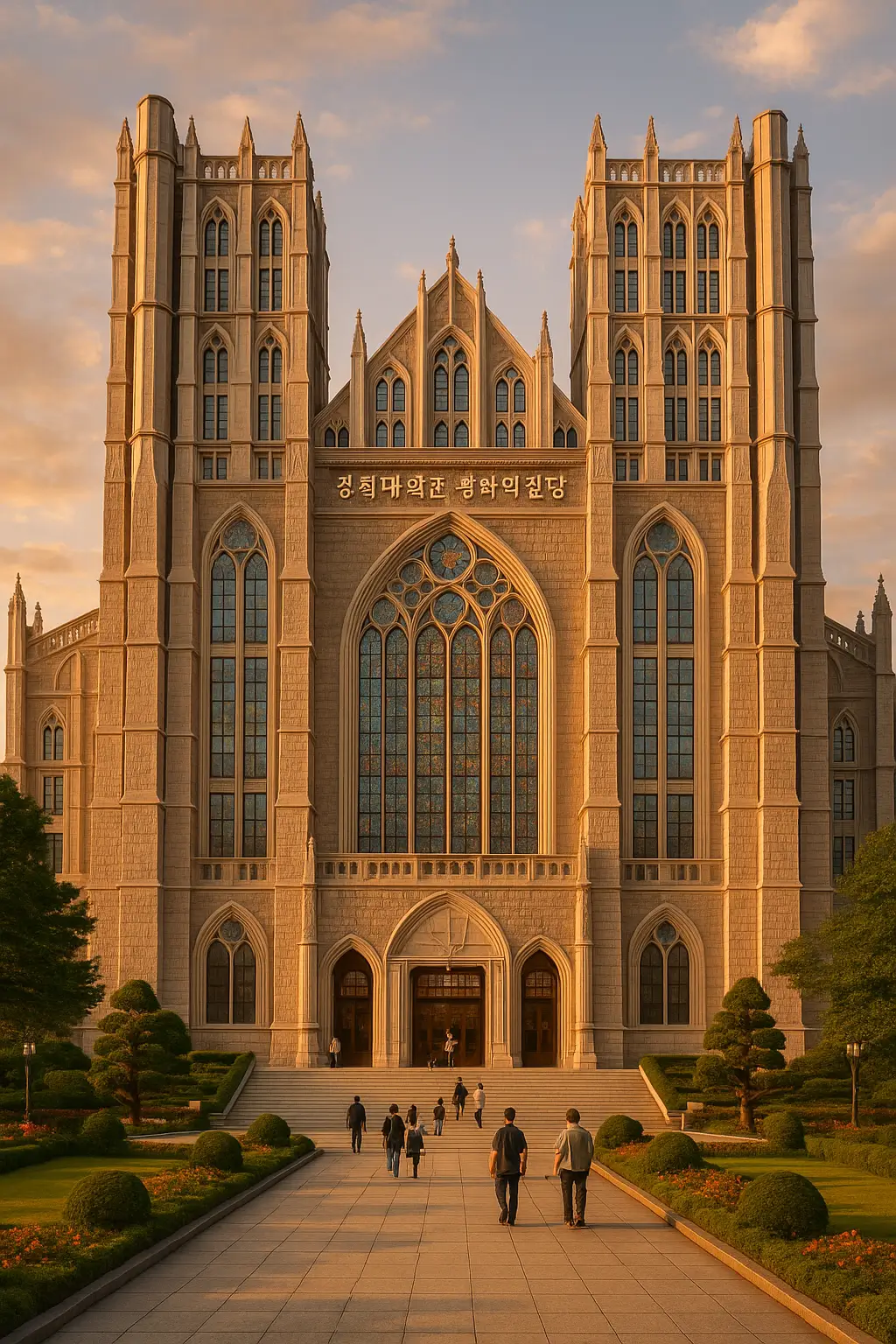 경희대학교 평화의전당 외관 중세 고딕양식 건물 스테인드글라스 한일가왕전 공연장