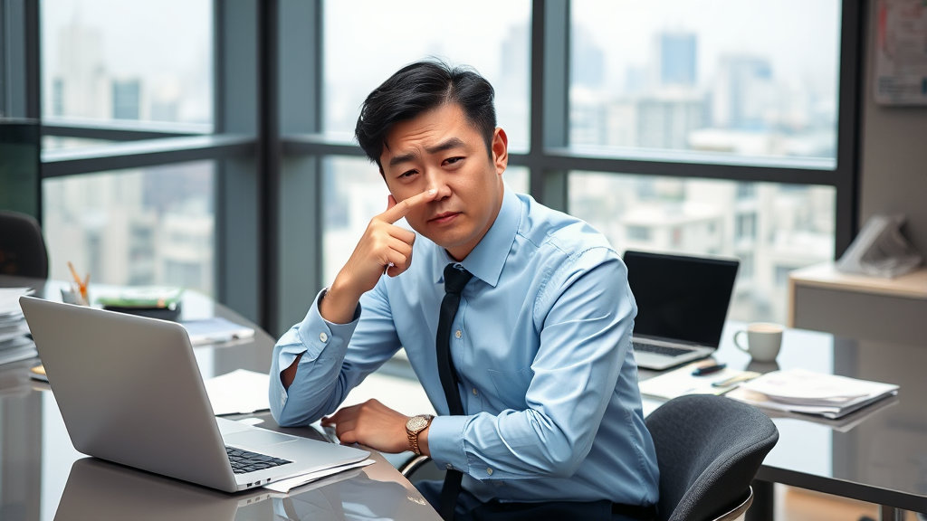 코를 훌쩍이며 불편한 표정을 짓고 있는 남성