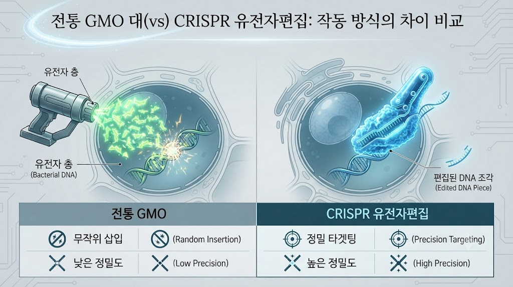 이미지 상단에는 '전통 GMO'와 'CRISPR 유전자편집'이 명확하게 구분되어 있습니다. 왼쪽 '전통 GMO' 섹션에는 박테리아의 유전자가 식물 세포의 핵 속으로 무작위로 삽입되는 거칠고 예측 불가능한 과정이 그려져 있습니다. 오른쪽 'CRISPR 유전자편집' 섹션에는 가위 모양의 단백질 복합체가 특정 DNA 위치를 정확히 찾아가 조용히 편집하는 정밀한 과정이 대조됩니다. 하단에는 '외래 DNA 삽입 유무'와 '변화 범위의 정밀도'가 아이콘으로 비교되어 기술적 차이를 한눈에 보여줍니다.