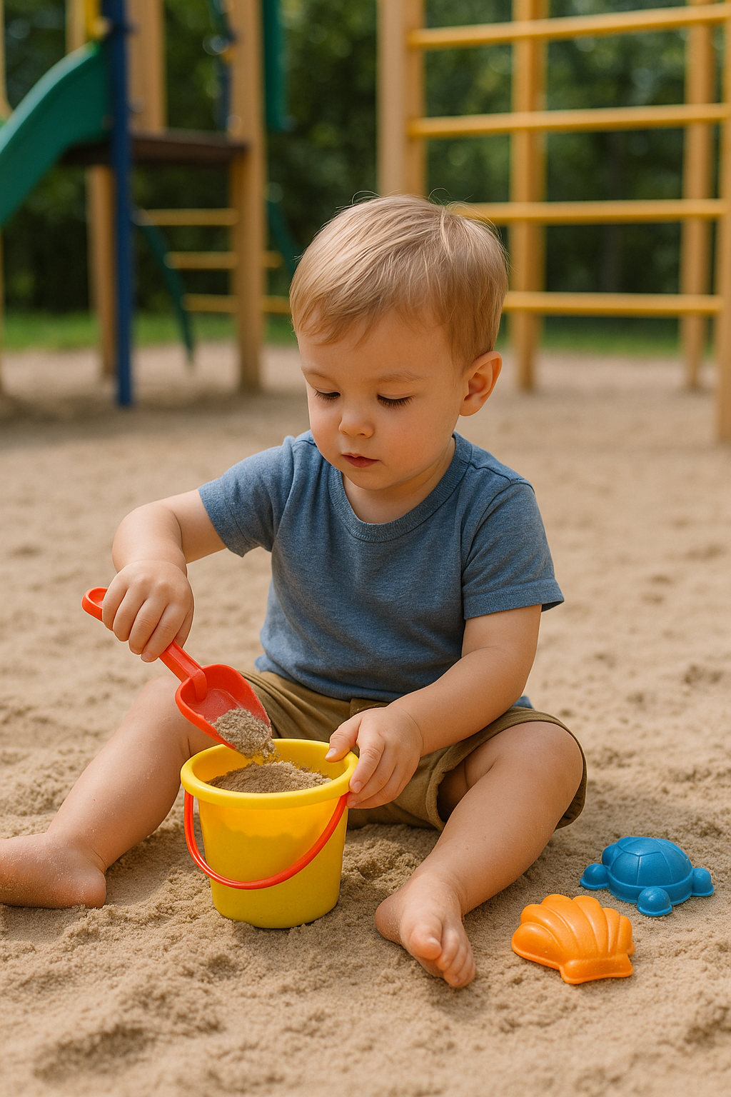 놀이터에서 모래놀이 하는 남자아이 사진