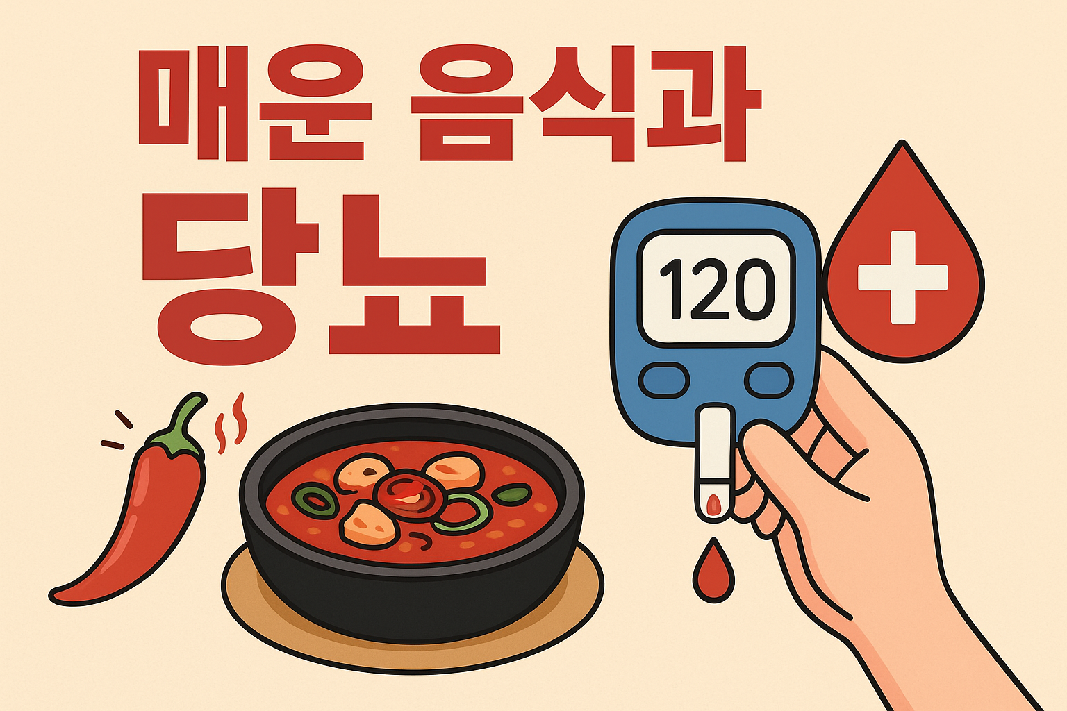 매운 음식과 당뇨”라는 빨간 한글 문구와 함께, 붉은 고추, 매운 찌개 한 그릇, 혈당 측정기(120 수치 표시)와 손가락에서 떨어지는 혈액 방울, 의료 십자가 아이콘이 그려진 일러스트 이미지
