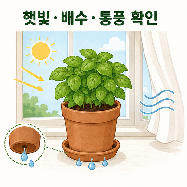 햇빛이 드는 창가에서 바질을 키우며 배수와 통풍을 관리하는 모습
