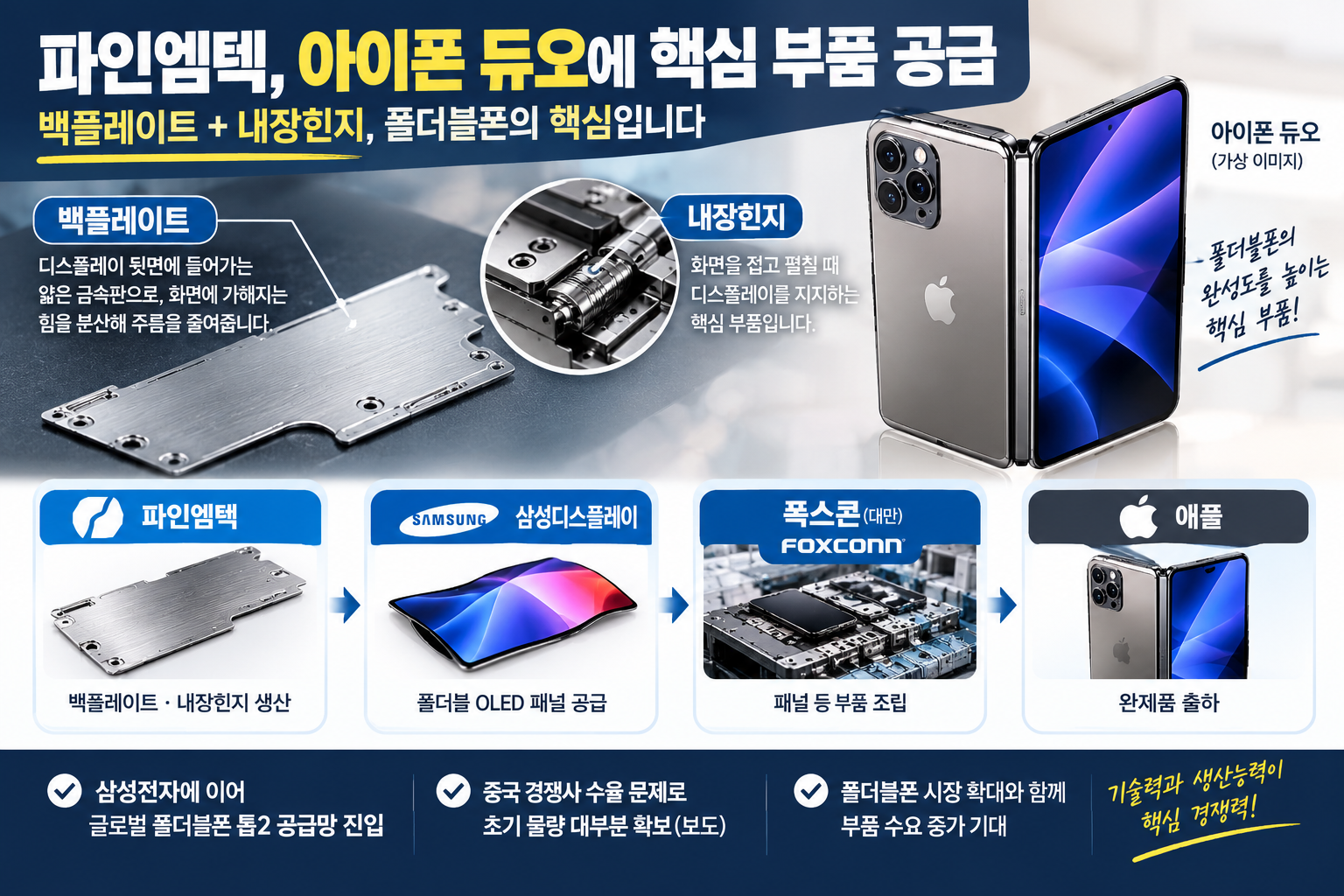 파인엠텍 백플레이트 내장힌지 아이폰 듀오 삼성디스플레이 공급망 구조