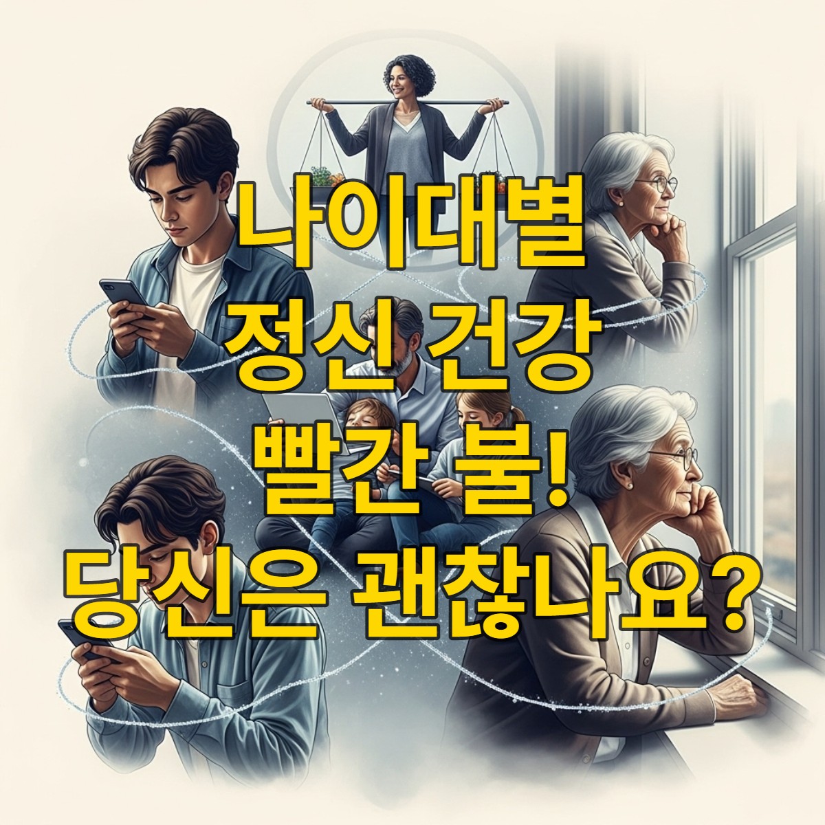스마트폰을 보는 젊은이, 직장과 가정을 오가는 중년, 창밖을 보는 노년이 서로 연결된 모습을 담은 세대별 정신 건강 이미지.