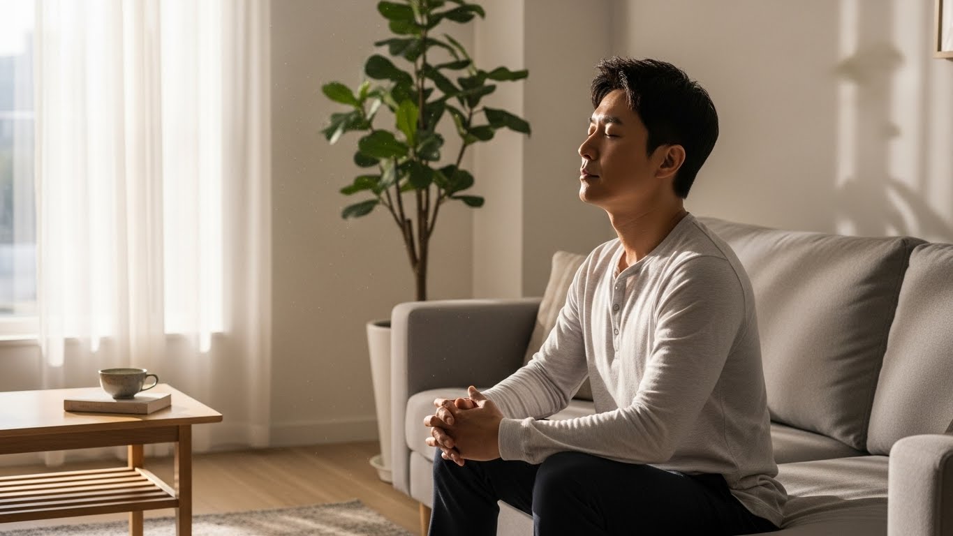 치솟는 화를 가라앉히기 위해 조용한 거실에서 깊은 심호흡을 하며 마음을 정돈하는 남성의 모습