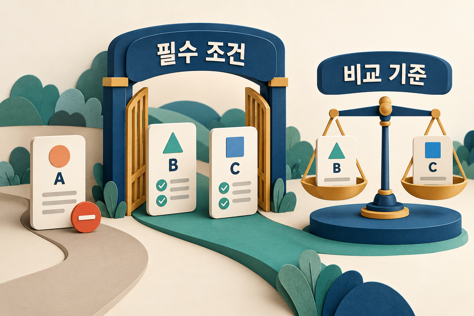 필수 조건을 통과한 후보만 비교 기준에 따라 저울로 비교하는 그림
