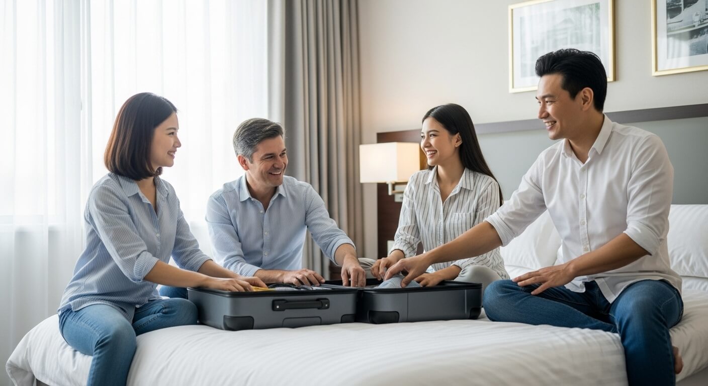 호텔 객실 침대 위에서 여행 가방을 정리하는 가족