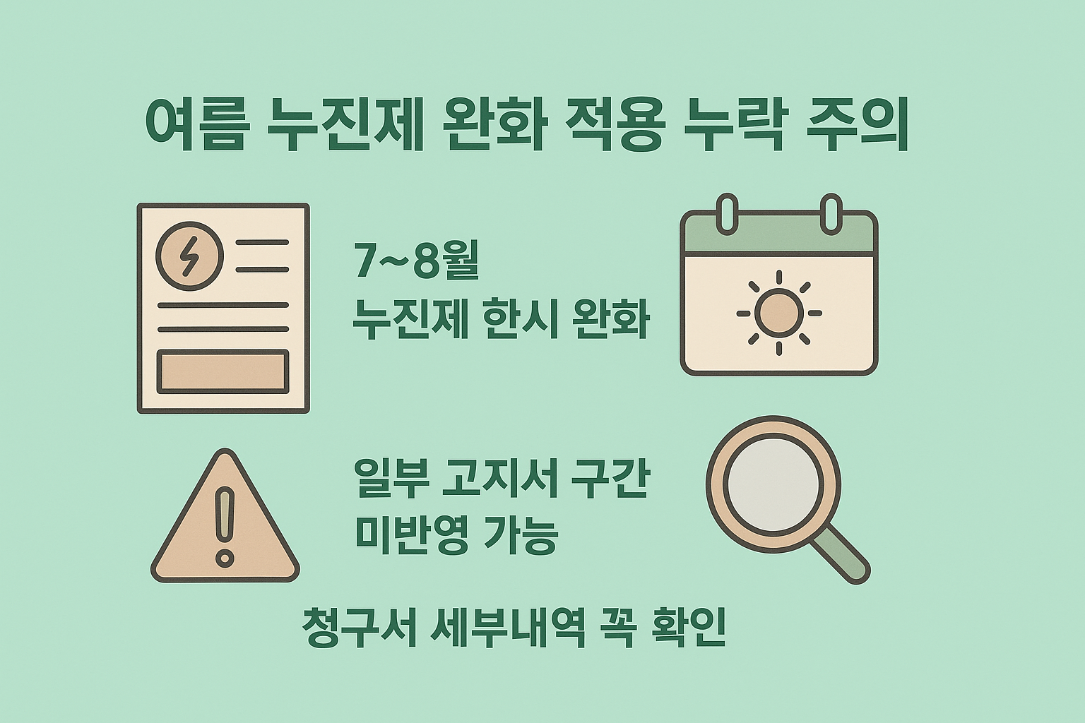 여름철(7~8월) 누진제 한시 완화 정책이 일부 고지서에 미적용될 수 있어 전기요금 청구서의 세부 항목을 반드시 확인해야 한다는 주의를 담은 시각 자료입니다.