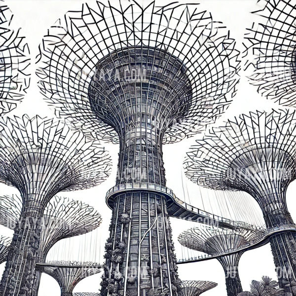 싱가포르 가든스 바이 더 베이의 슈퍼트리 그로브를 간결한 선으로 표현한 라인아트 이미지.