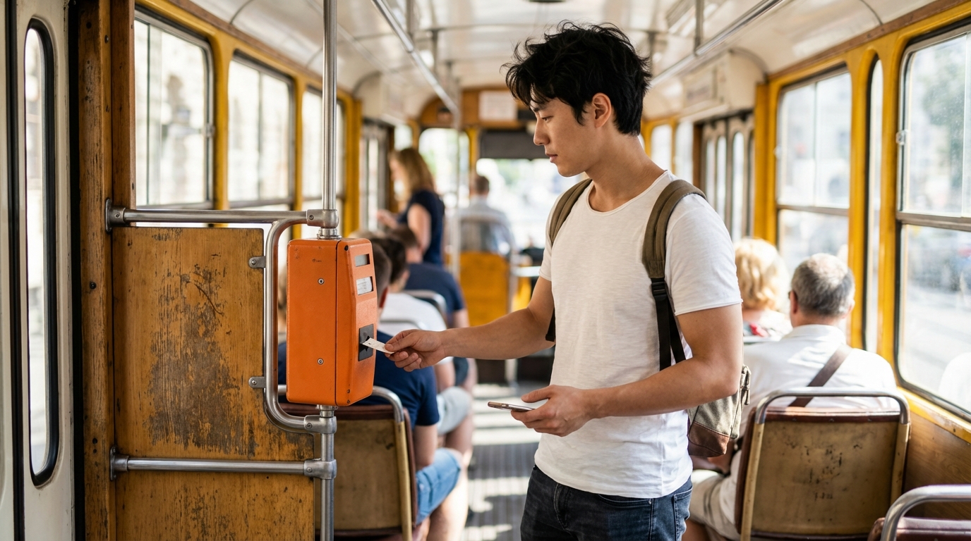 부다페스트 트램 내부에서 주황색 개찰기에 1회권을 펀칭하는 장면