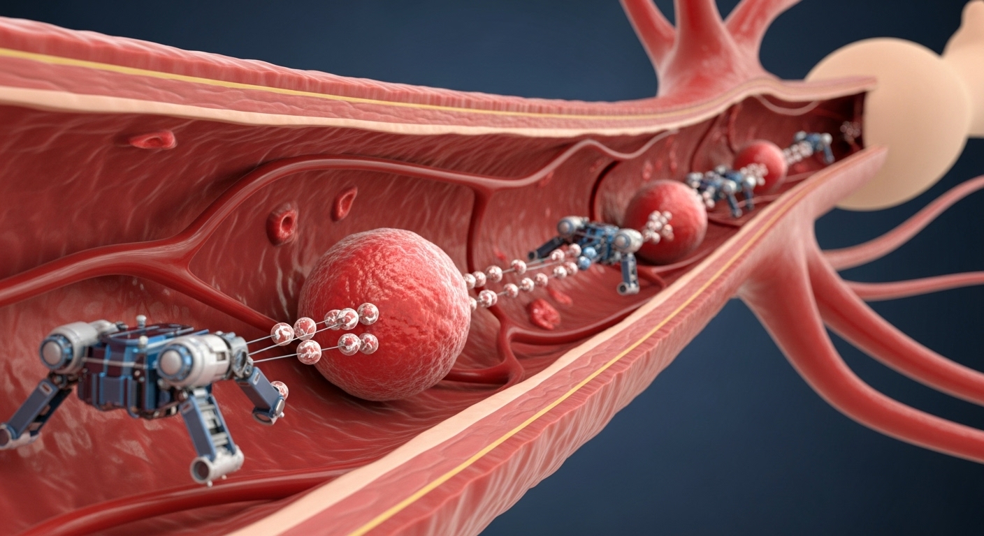 microscopic medical nanorobots actively navigating through red human blood vessels