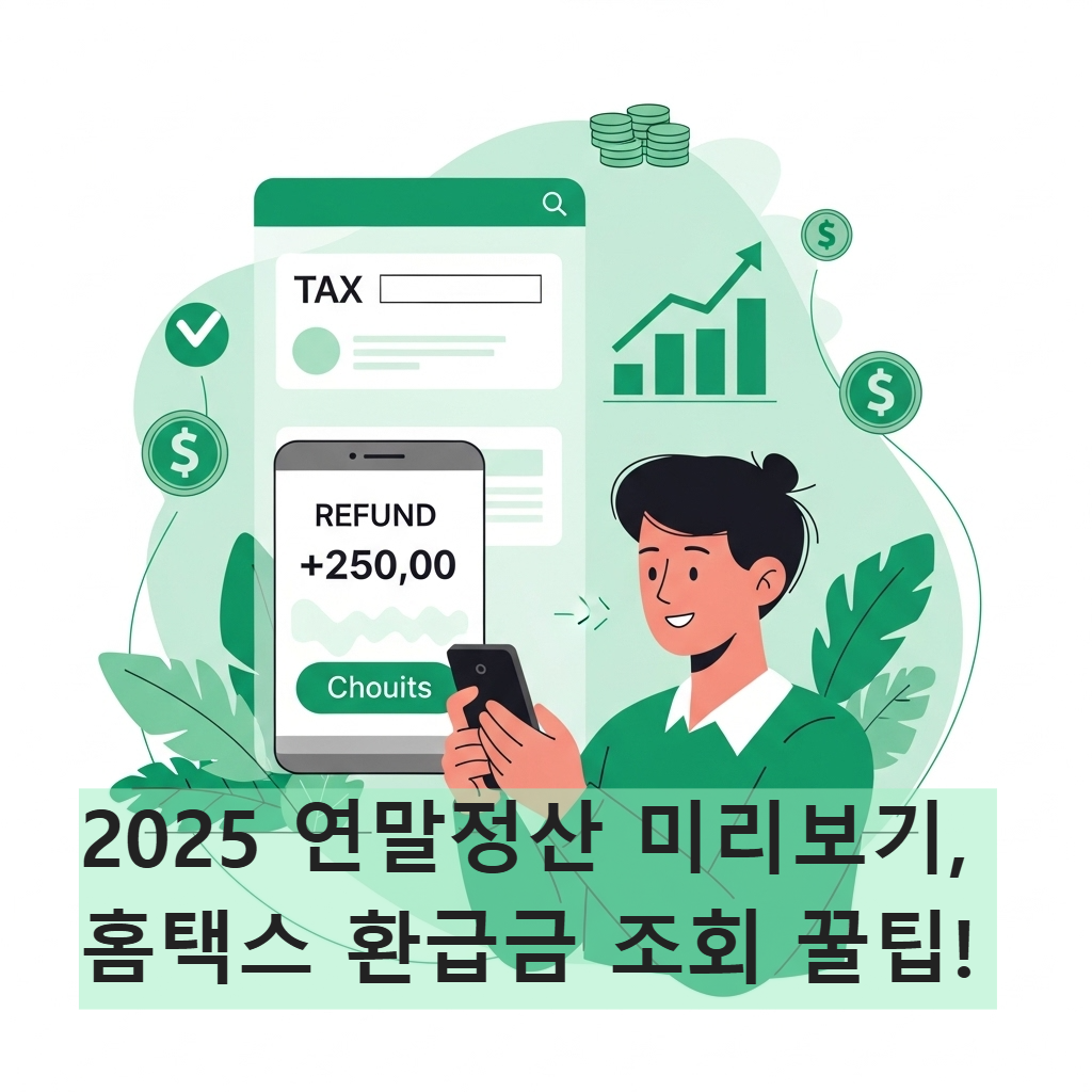 2025년 연말정산 미리보기로 환급금을 조회하며 기뻐하는 사람의 모습. 홈택스 및 세금 앱 활용으로 절세하는 상황을 나타냅니다.