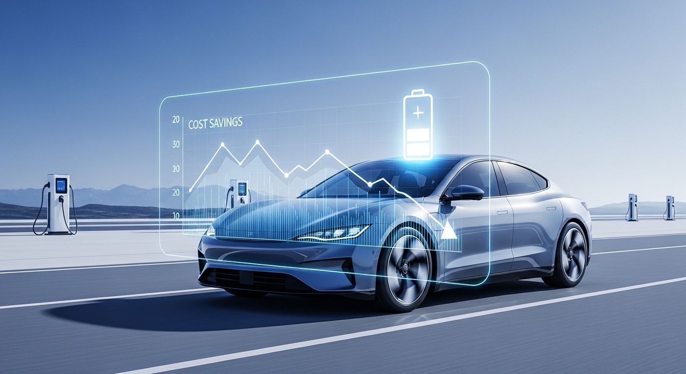 미래 지향적인 도로 위에 서 있는 현대적인 전기차, 비용 절감 그래프와 빛나는 배터리 아이콘이 오버레이된 모습