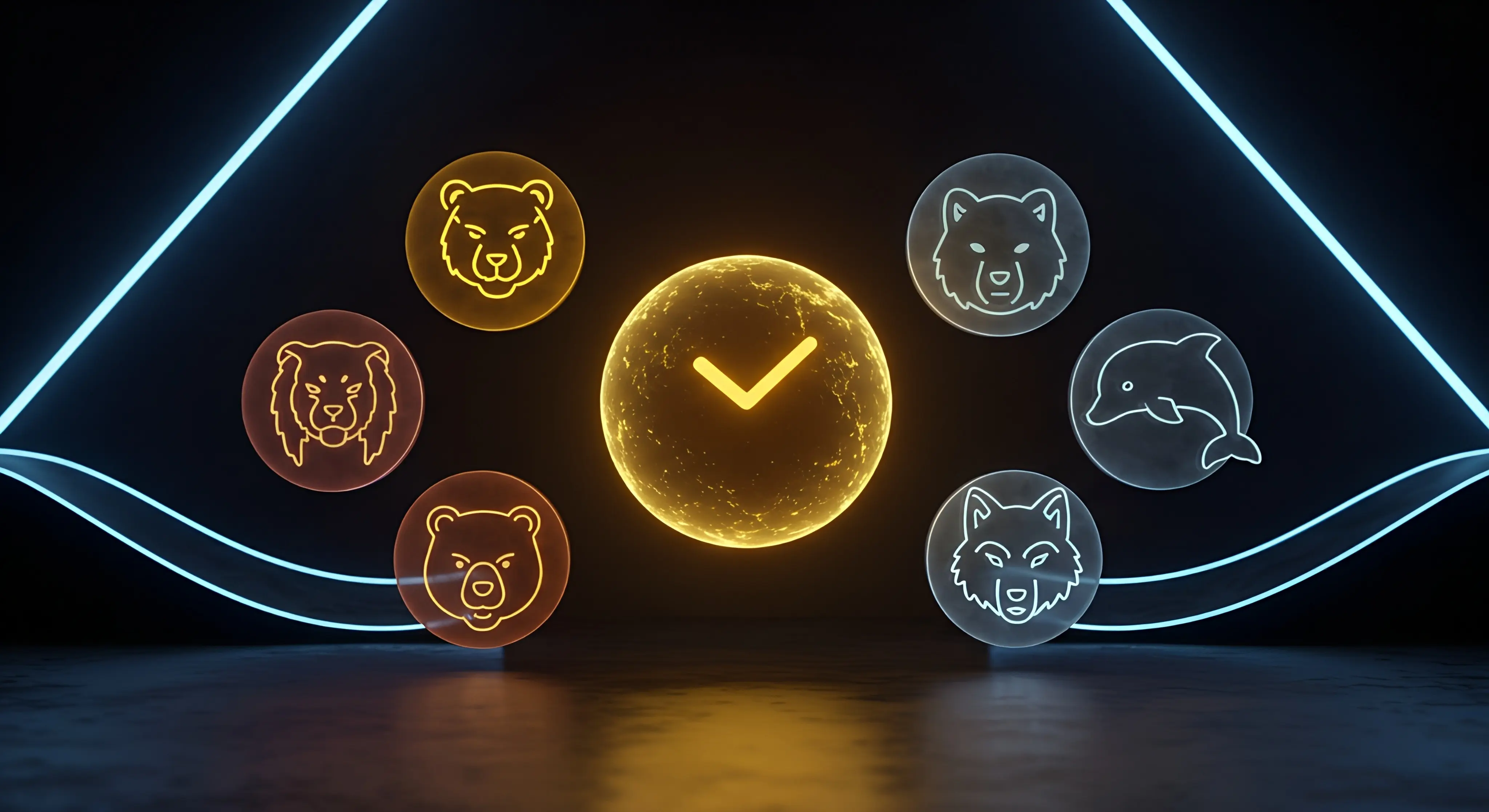 네 가지 크로노타입을 상징하는 동물 아이콘(사자, 곰, 늑대, 돌고래)이 시계 주위에서 빛나는 이미지