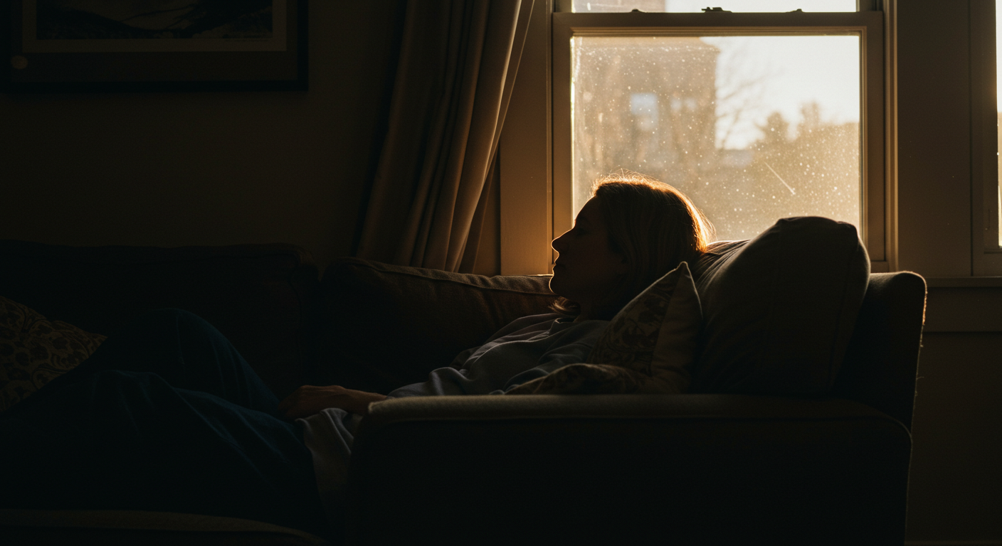 조용한 공간 속 깊이 쉼을 취하는 사람의 실루엣, 지친 마음의 회복을 상징