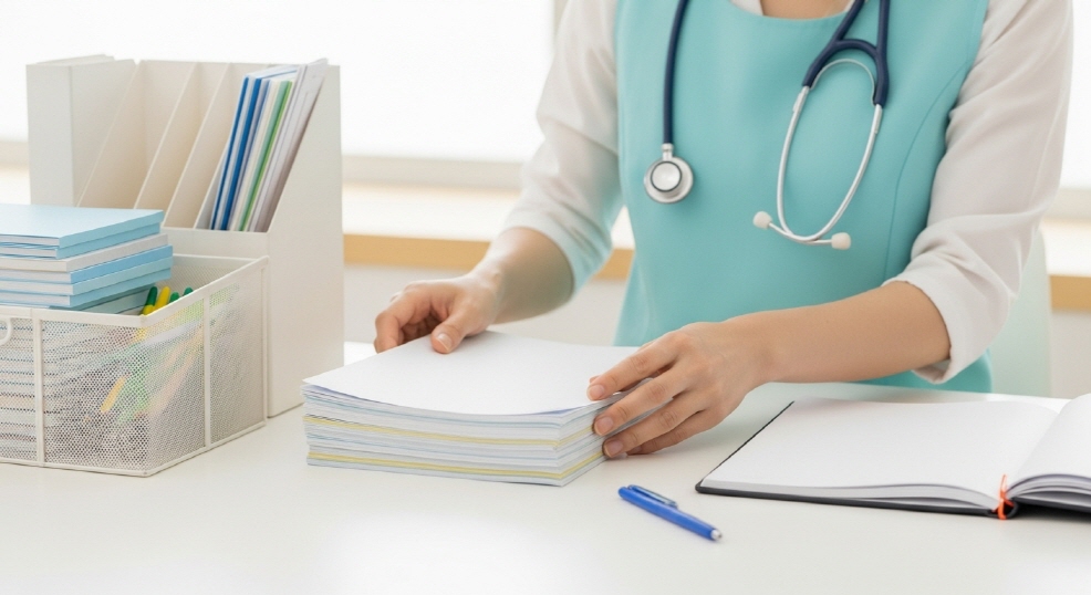 교육 자료를 준비하는 보건교사