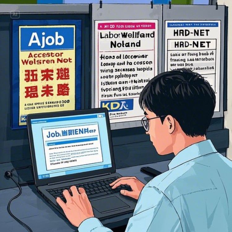 구직자가 노트북으로 근로복지넷과 HRD-Net에 접속해 생계비 대부와 훈련장려금을 동시에 신청하는 모습. 옆에는 국민취업지원제도, KDT 특별훈련수당 안내 포스터가 붙어 있는 밝고 신뢰감 있는 일러스트