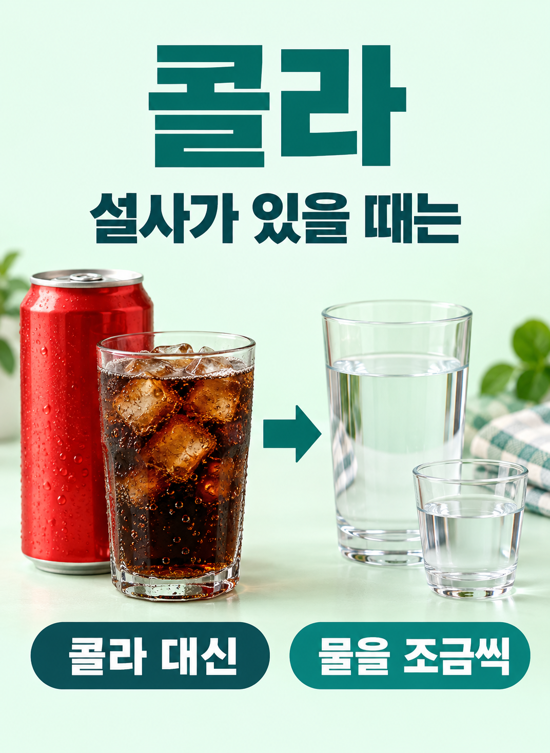 콜라 실사 비교. 설사가 있을 때: 콜라 250mL 한 캔으로 갈증 채우기; 바꿀 음료: 물을 조금씩 나누어 마시기