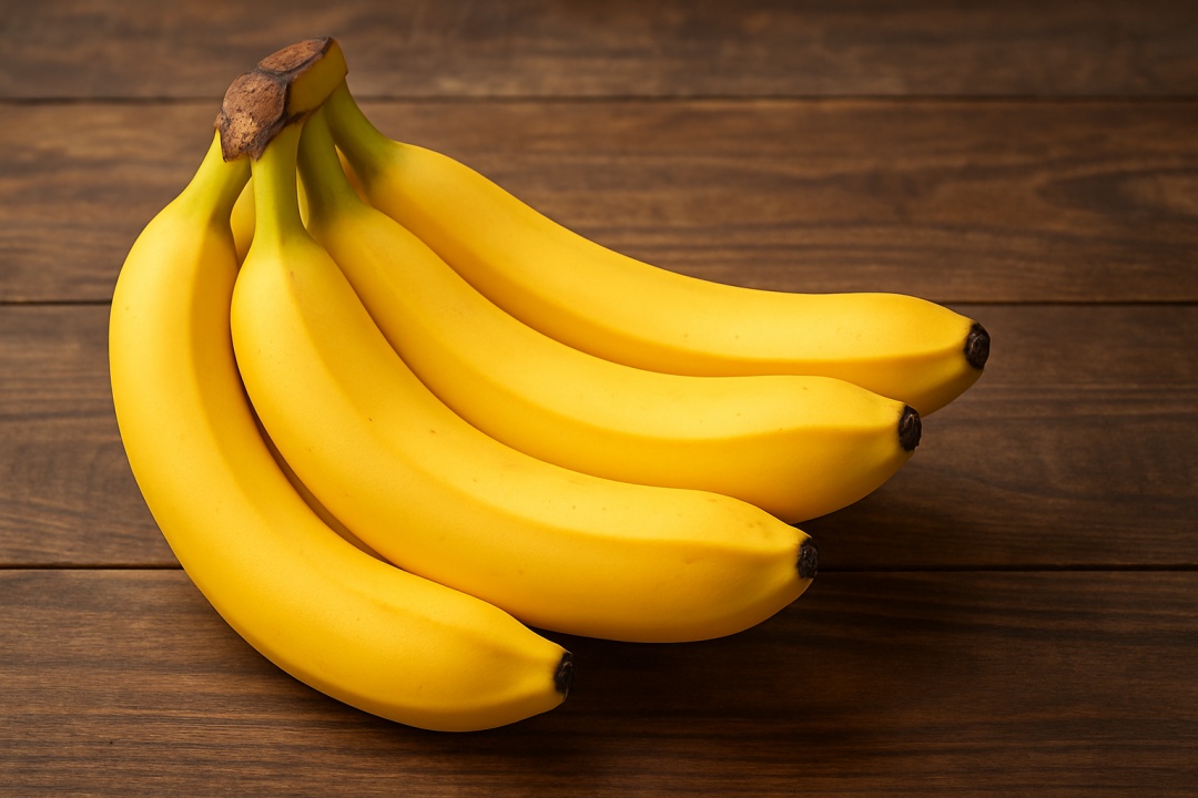 나무 테이블 위에 가지런히 놓인 완숙된 노란 바나나 다발