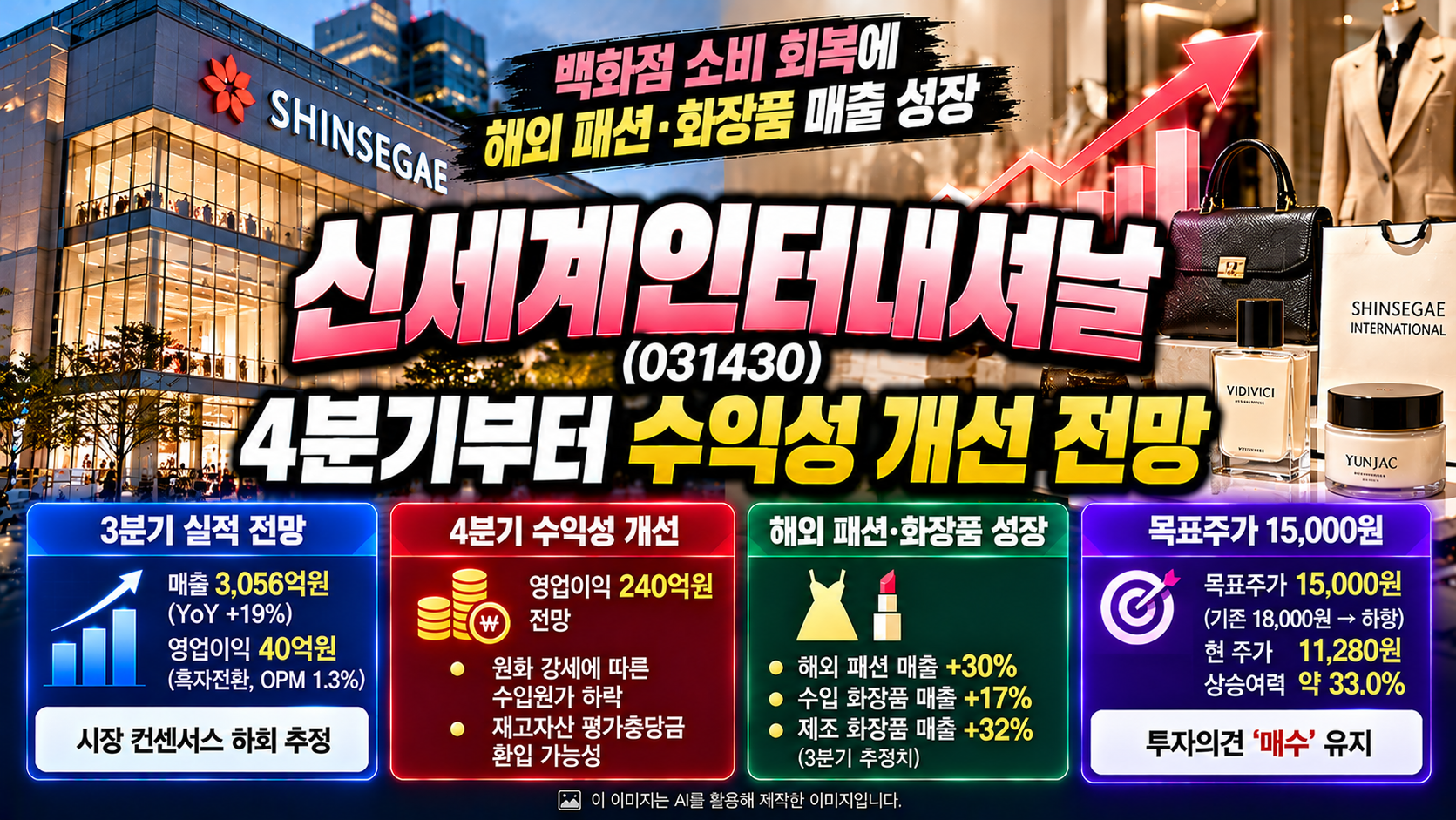 신세계인터내셔날(031430) 기업분석, 2026년 4분기 영업이익 240억원 전망과 원화 강세에 따른 수입원가 감소, 해외 패션&middot;화장품 매출 성장, 재고자산 평가충당금 환입 가능성 및 목표주가 15,000원 유지가 아닌 하향 조정 분석