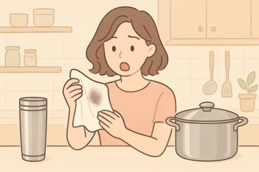 스텐 연마제 제거를 하면서 검게 묻어 나온 것을 보고 놀라고 있는 주부