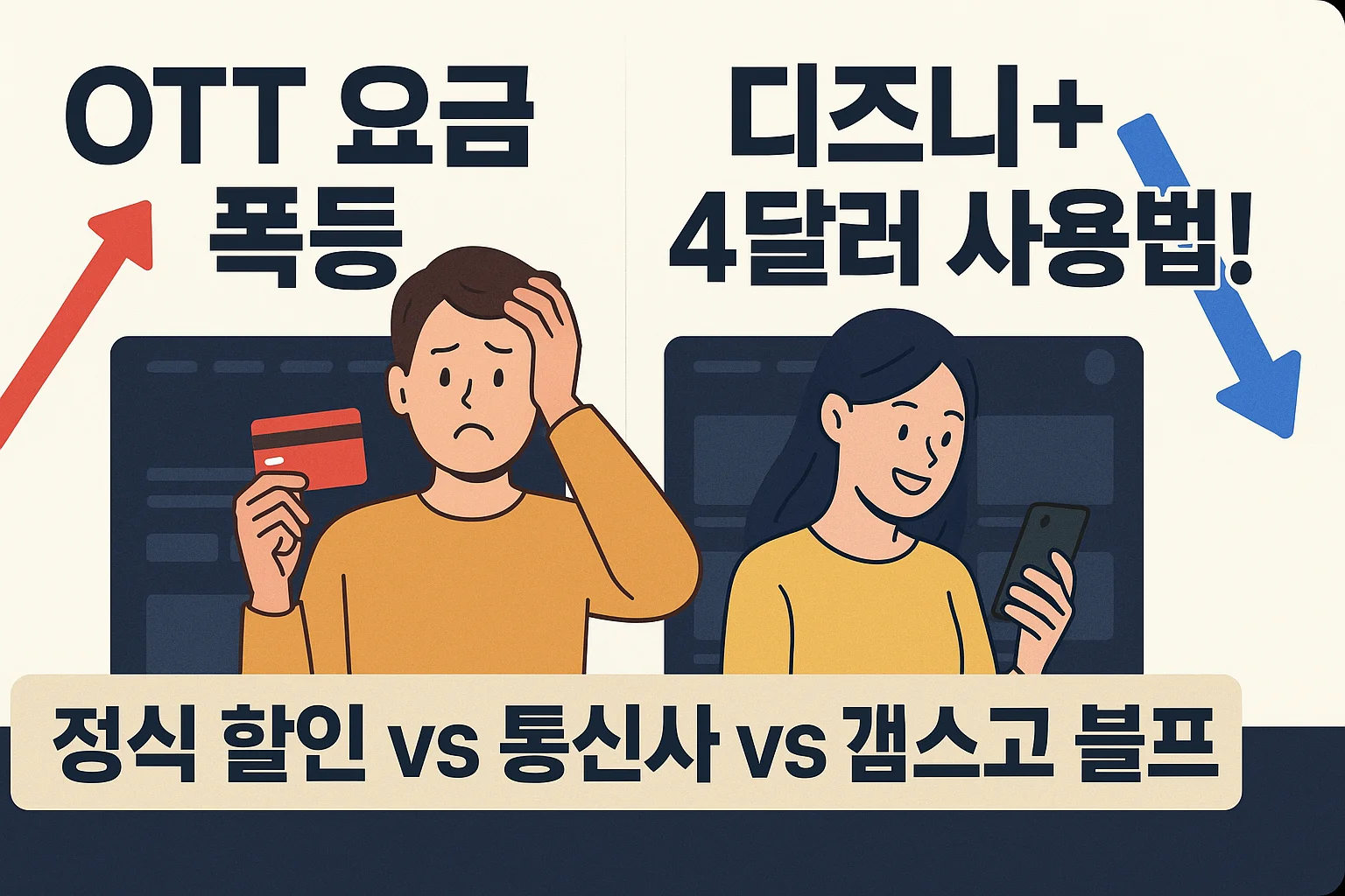 &ldquo;디즈니+ 4달러 사용법!&rdquo;이라는 굵은 텍스트, 중앙에 카드를 들고 당황한 표정의 남성 캐릭터와 휴대폰을 보고 미소 짓는 여성 캐릭터 배치, 배경은 OTT 스트리밍 화면 UI 느낌