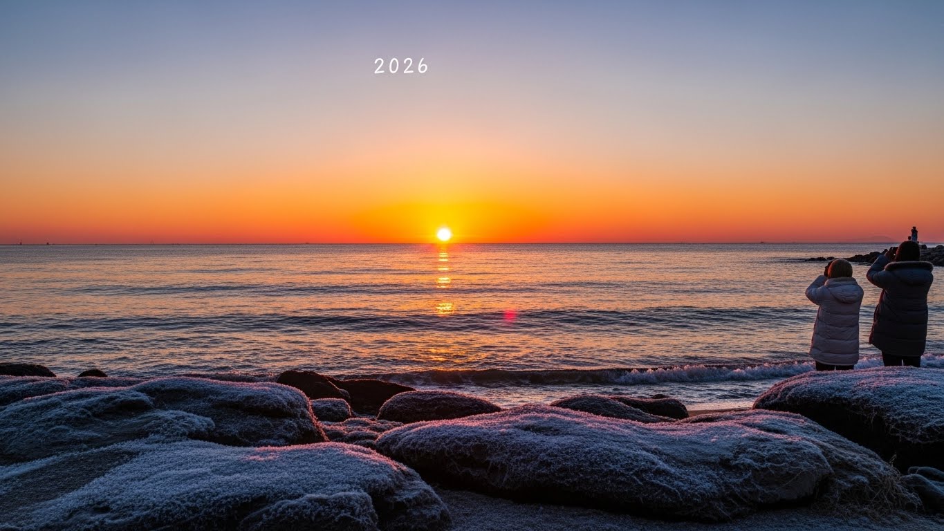 2026년 1월 1일, 동해안의 첫 해돋이 풍경. 붉게 물든 하늘 아래 겨울 바다가 펼쳐져 있고, 멀리서 해를 바라보는 사람들의 모습이 보인다.