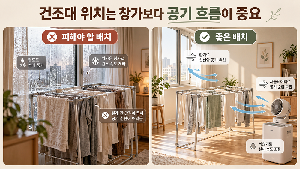겨울철 실내 빨래 건조대의 잘못된 배치와 올바른 배치를 비교한 이미지. 창문에 밀착해 결로가 생기고 빨래가 빽빽하게 널린 경우와, 창문에서 거리를 두고 서큘레이터·제습기로 공기 흐름과 습도를 관리하는 모습을 보여줌.