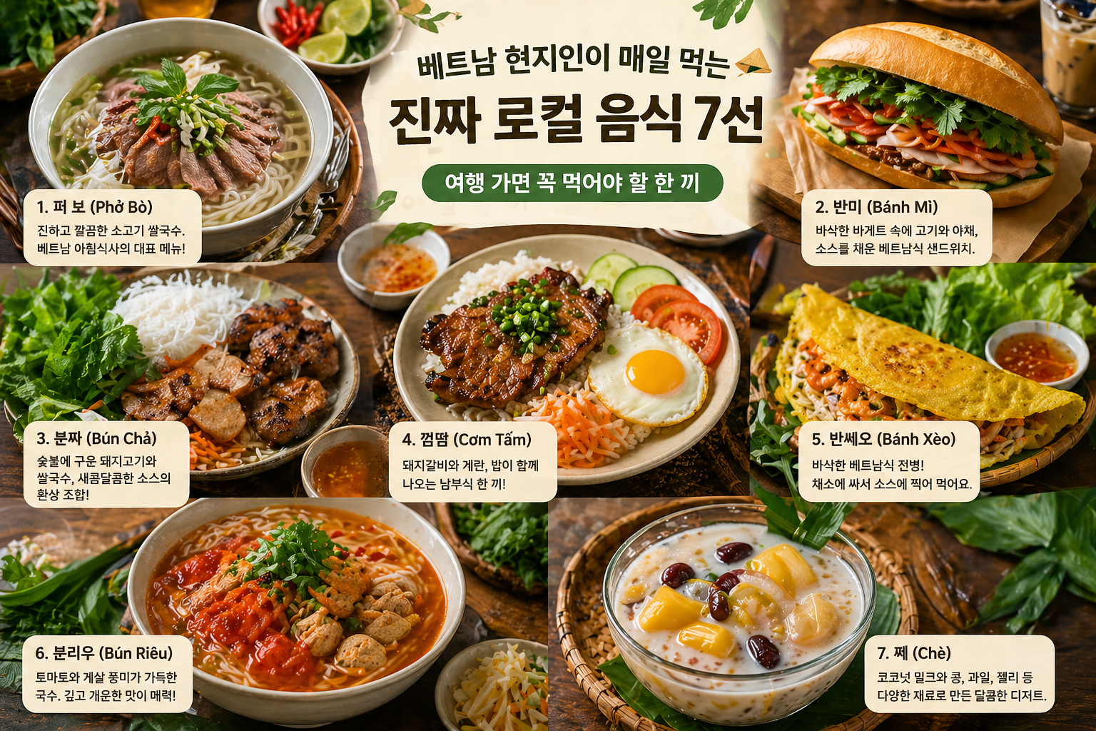 베트남 대표 로컬 음식 7가지를 설명과 함께 정리한 음식 안내 이미지