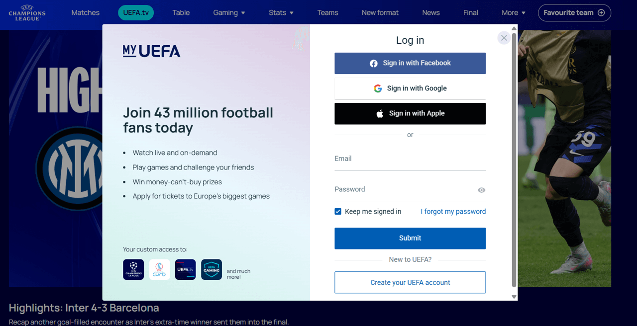 UEFA 챔피언스리그 공식 홈페이지 로그인