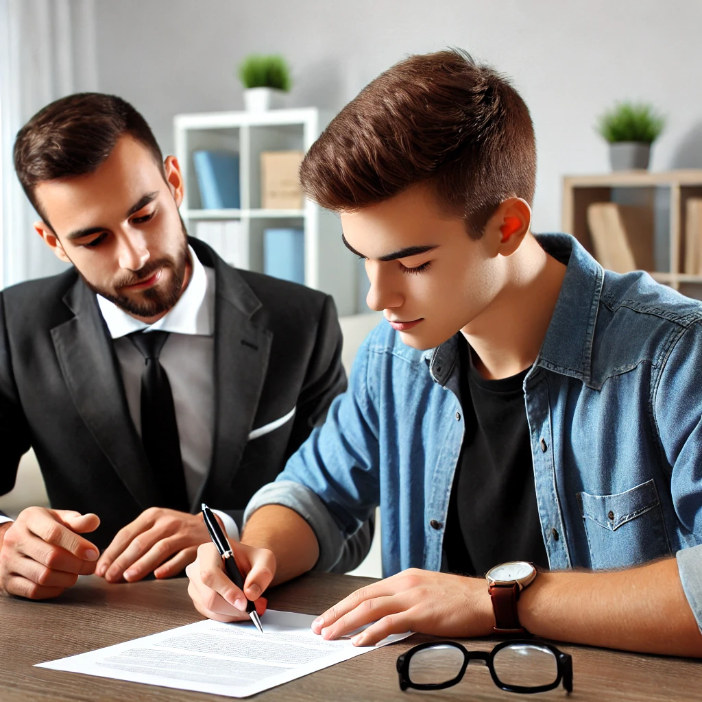 변호사가 감독하는 가운데 법률 서류에 서명하는 젊은 남성