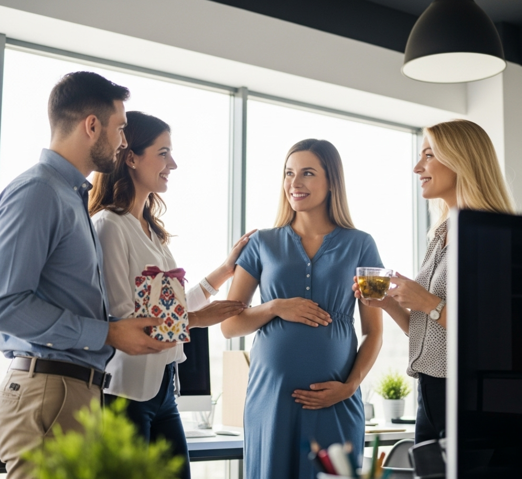 직장에서 임산부와 동료들이 즐겁게 이야기 나누는 모습