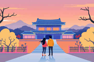 청와대 관람 후 뒷모습을 배경으로 사진 촬영한 커플 모습