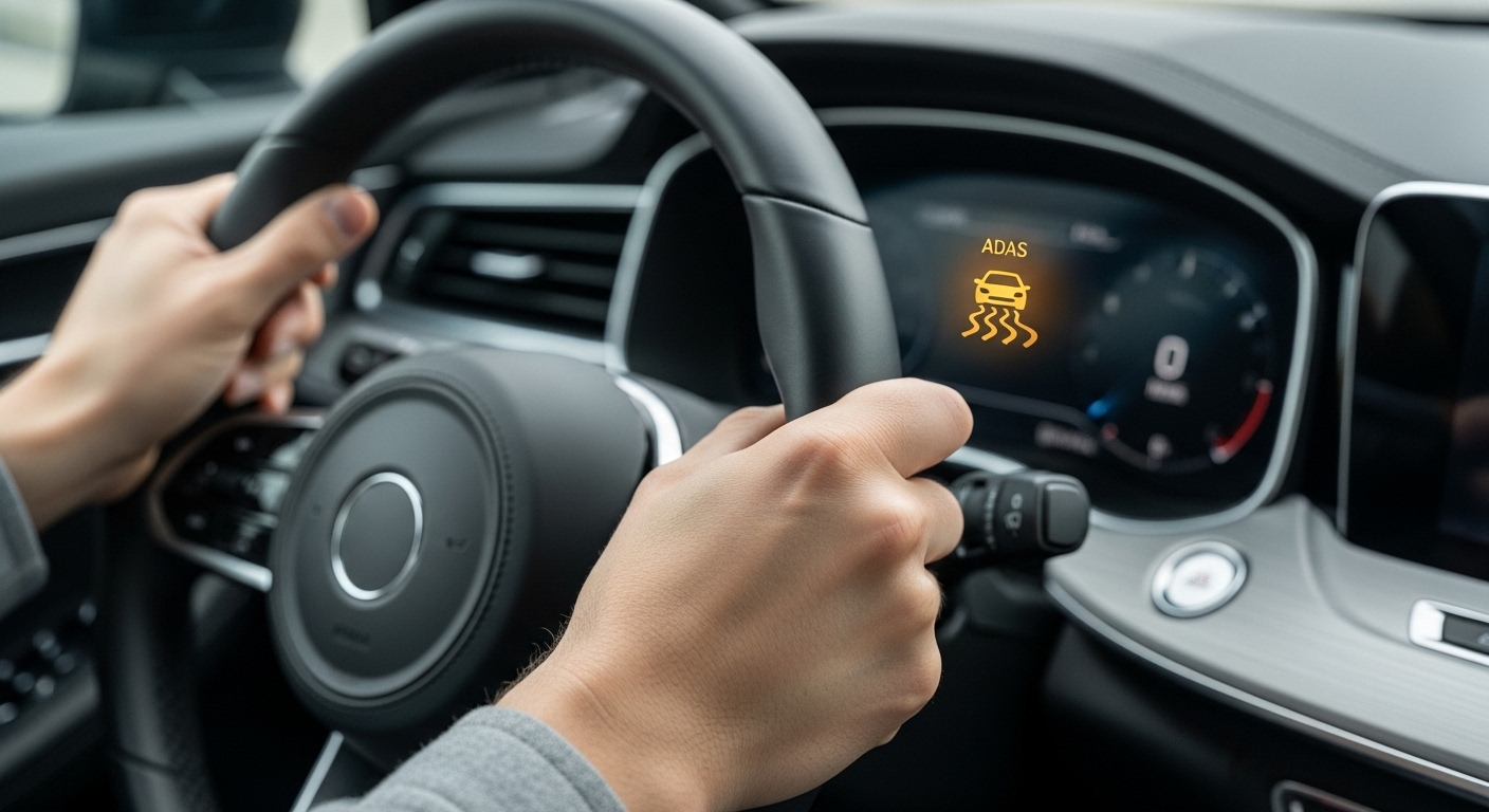 운전자가 스티어링 휠을 잡고 있는 모습과 계기판에 미끄러운 도로 상황을 알리는 ADAS 경고등이 켜진 자동차 내부.