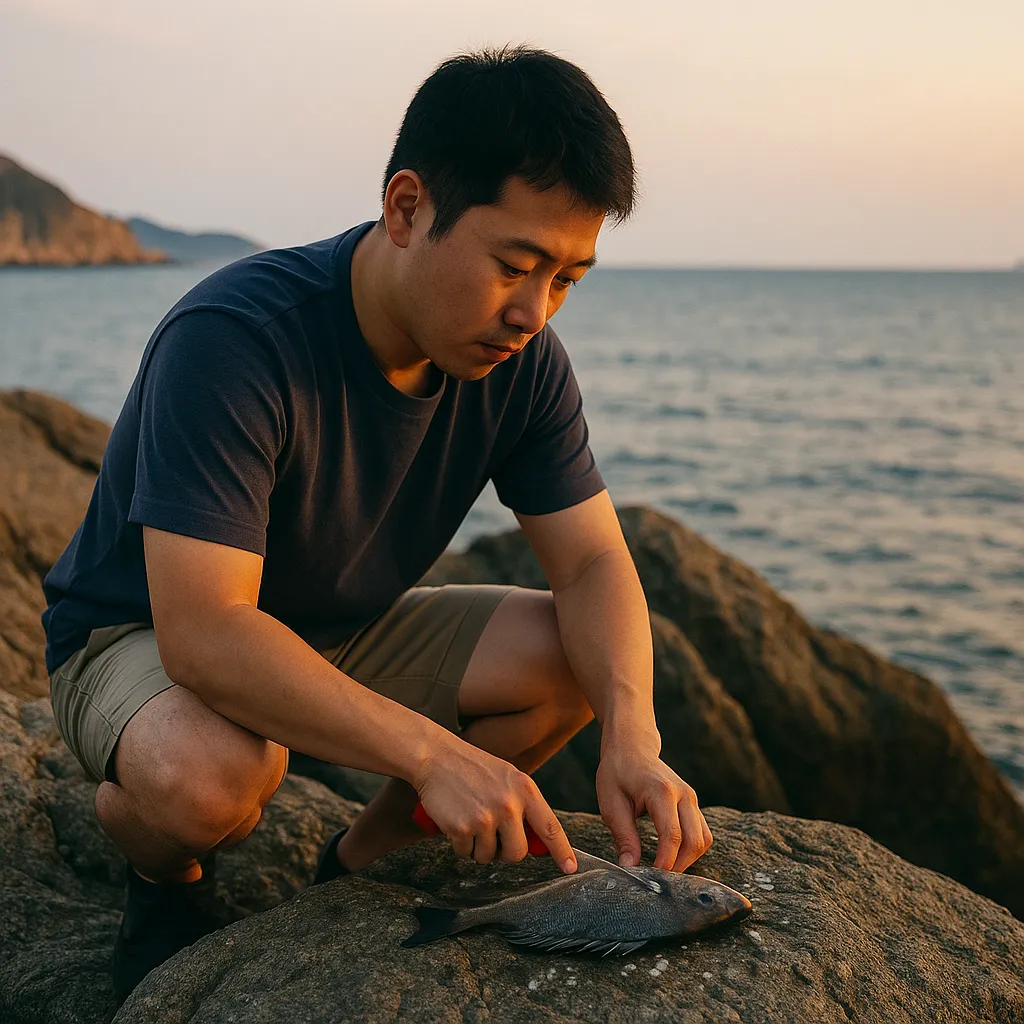 바위 위에서 잡은 생선을 손질하는 남성