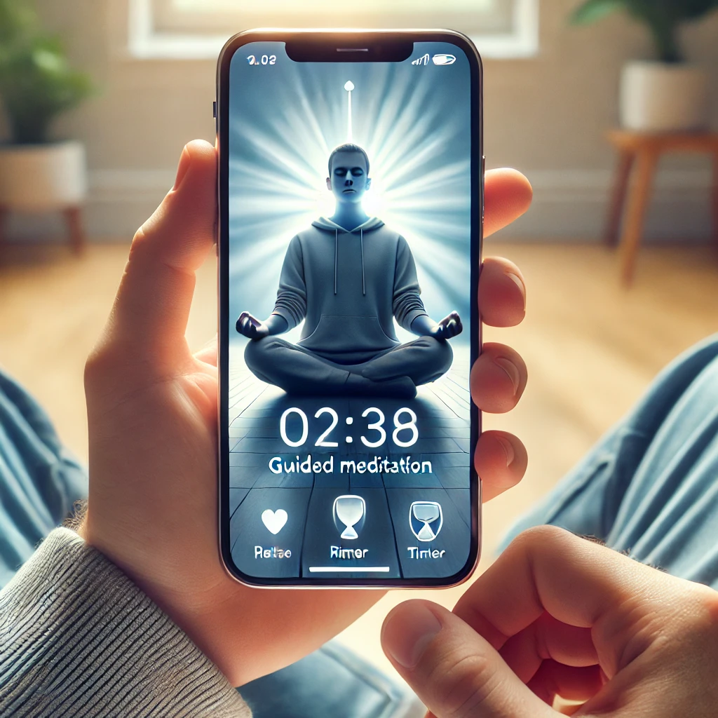 스마트폰으로 명상 앱을 사용하며 스트레스 관리하는 사람의 모습