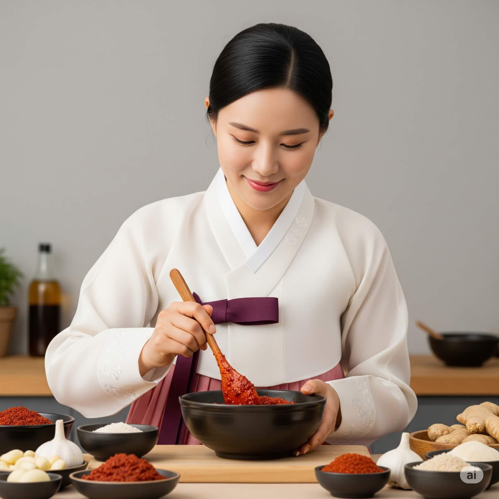 한복을 입은 여성이 고춧가루와 마늘을 넣고 초고추장을 만드는 장면