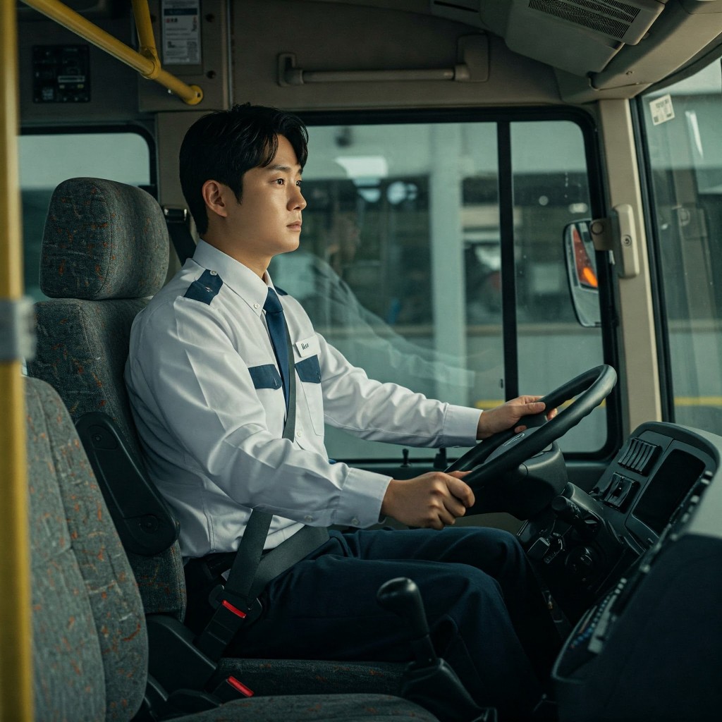 버스 운전석에서 집중하는 한국인 남성 기사