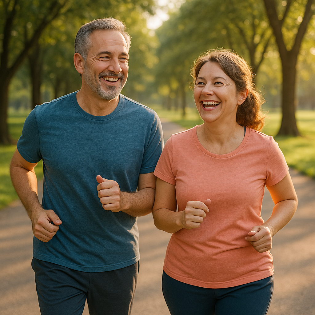 중년 부부가 공원에서 활짝 웃으며 건강하게 운동을 하고 있는 실사 이미지