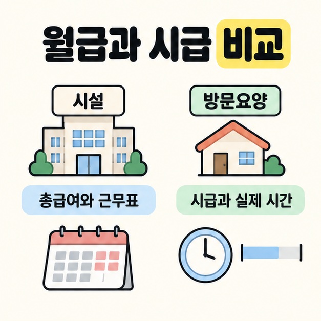 시설의 총급여와 근무표, 방문요양의 시급과 실제 시간을 건물, 달력, 시계 그림과 함께 좌우로 비교한 이미지