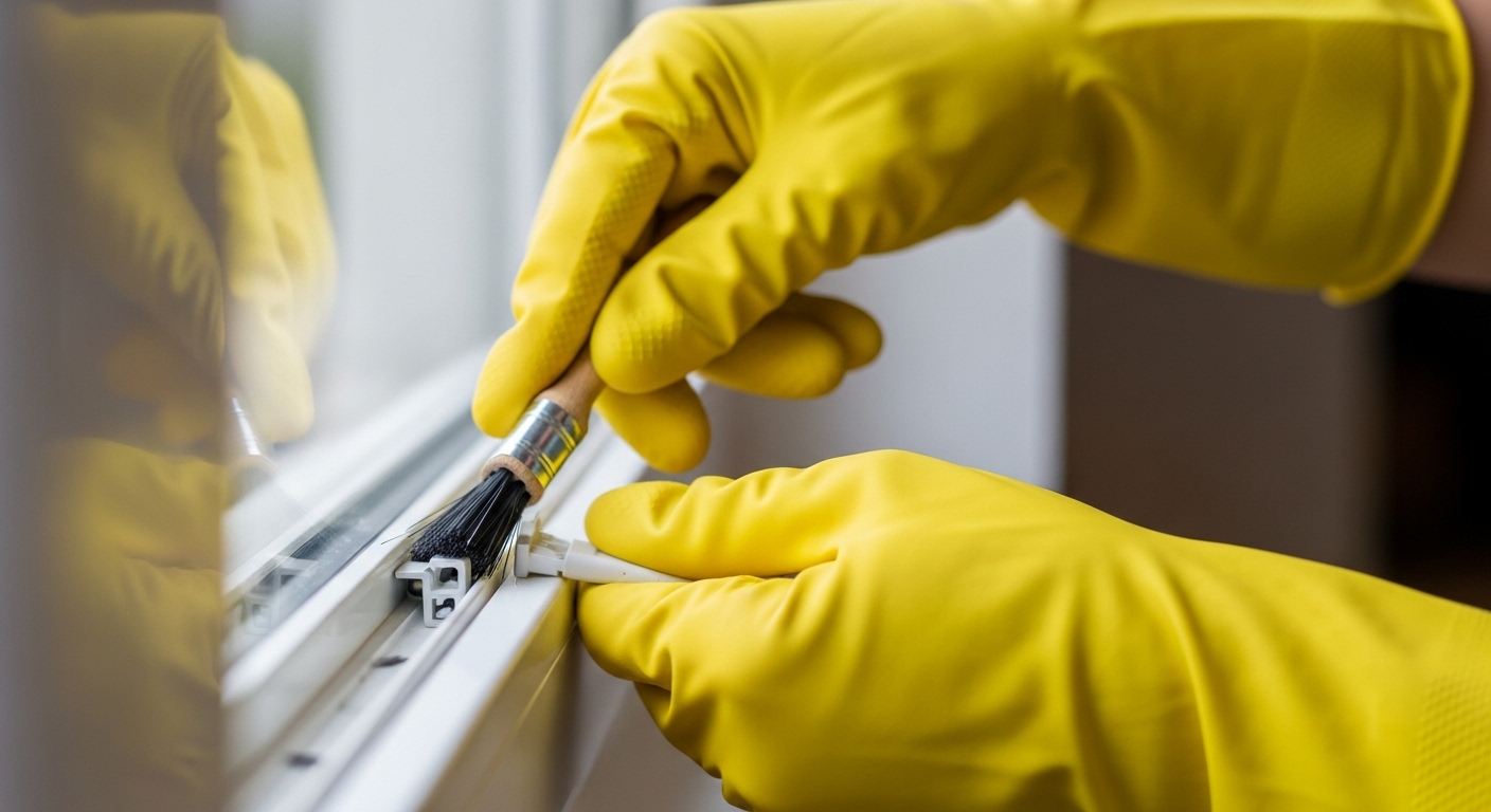 전문가가 특수 도구를 사용하여 창틀의 미세한 먼지를 꼼꼼하게 청소하는 모습.