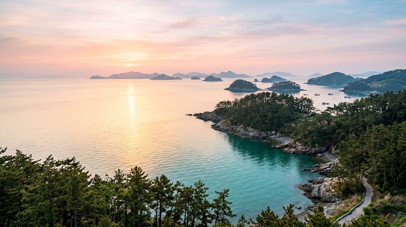 창원 진해만 해안 풍경 - 잔잔한 남해 바다와 소나무 숲이 어우러진 평화로운 아침 풍경